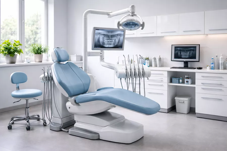 Tandläkarmottagning med behandlingsstol och utrustning – modern klinik med digital röntgen, instrumentpanel och ljus, steril miljö.